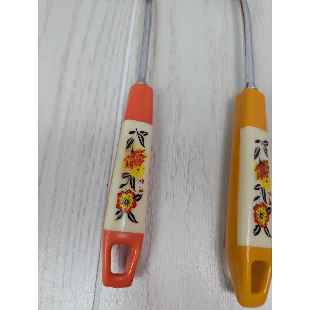 vintage Taiwan serving mixing spoons plastic metal orange yellow floral MCM